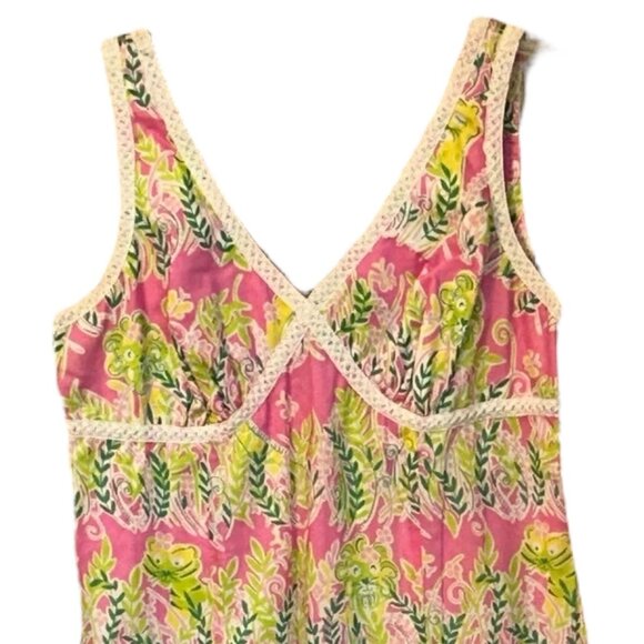 Vintage Lilly Pulitzer Shift Boho Crochet Edging Midi Dress 12 Ruffle Vacation - Picture 2 of 10